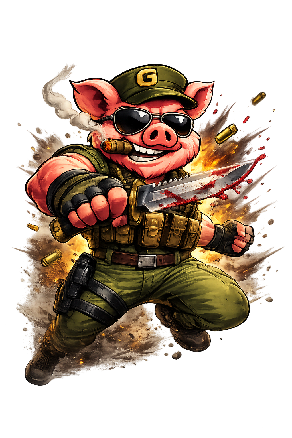 General GunoPig lunging forward with a combat knife amid an explosion